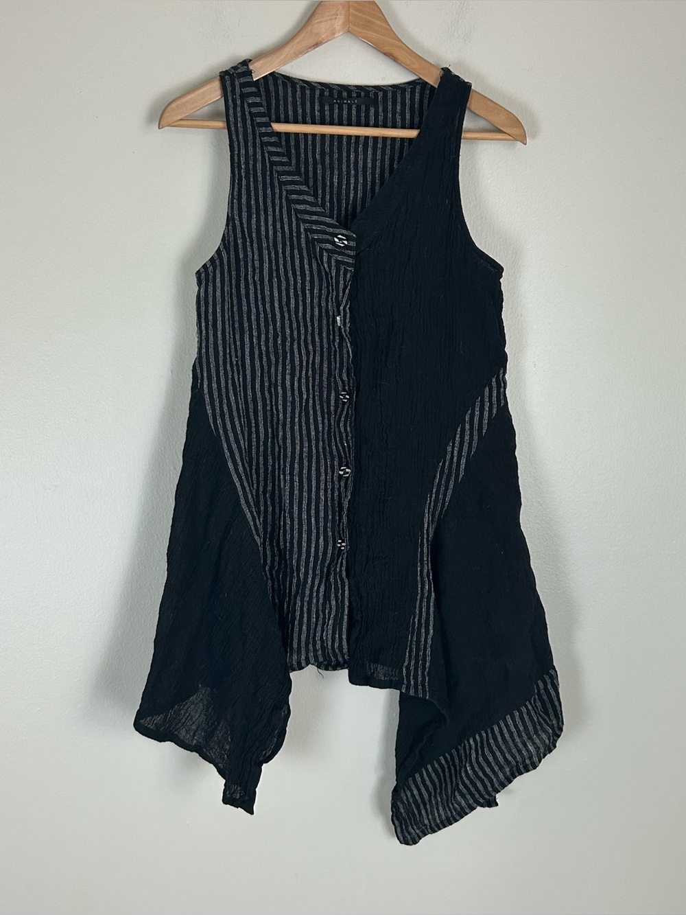 Asymmetrical Tunic Top Black Stipe Artsy Wearable Art Button Front Shirt Tank